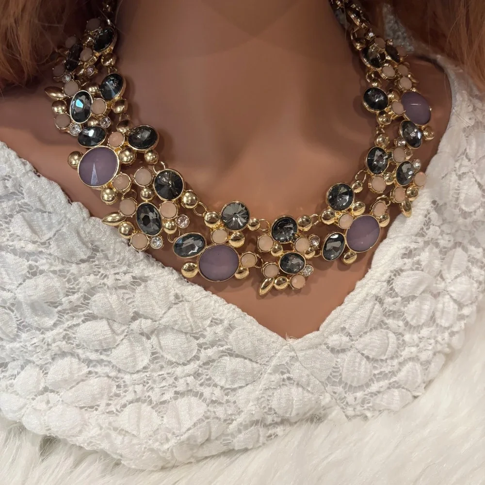 Elegant Bib Necklace Statement Purple Grey Gold Tone Cabochon Glam Evening 20587